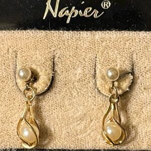 New Pair of Napier Faux Pearl and Gold-Tone Earrings